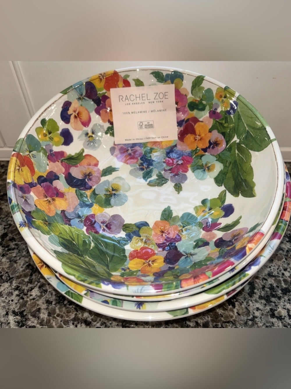 Rachel Zoe Melamine Spring Pansy Flower Bowls Set 4 NWT